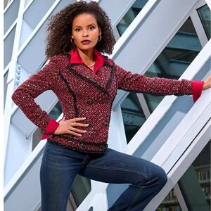 Boston Proper‎ Tweed Moto Blazer Jacket Double Breasted Black Size 16 NWT $160